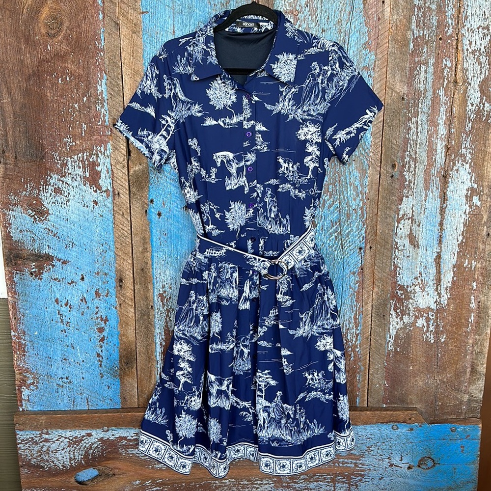 Eshitaki Toile Print Crepe Belted Shirtdress Size XL